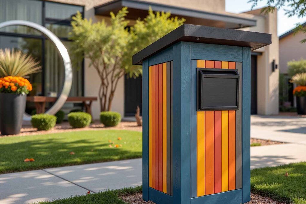 Mailbox with Indigo Tangerine and Pale Gray Color Blocks, Mailbox Ideas, Letterbox concepts, Postal box designs, Mail receptacle inspiration, Curbside mail holder ideas, Post box creativity, Letter drop innovations, Mailbox Painting Ideas, Letterbox color schemes, Post box decoration techniques, Mail receptacle painting inspiration