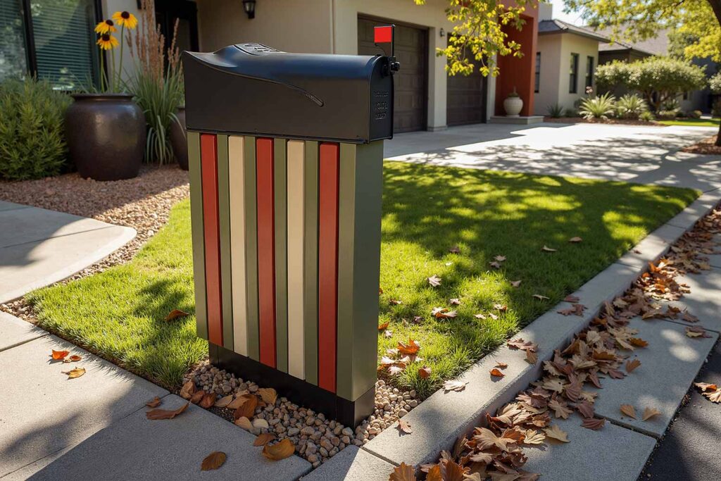 Mailbox with Olive Drab Rust Red and Soft Taupe Color Blocks, Mailbox Ideas, Letterbox concepts, Postal box designs, Mail receptacle inspiration, Curbside mail holder ideas, Post box creativity, Letter drop innovations, Mailbox Painting Ideas, Letterbox color schemes, Post box decoration techniques, Mail receptacle painting inspiration