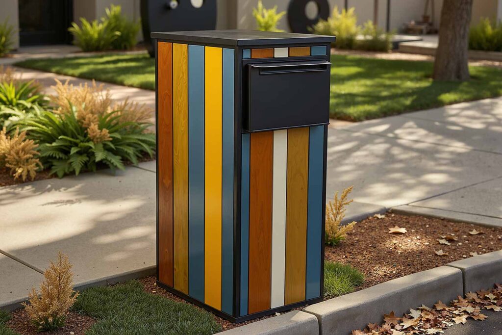 Mailbox with Orange Mustard and Slate Blue Stained Color Blocks, Mailbox Ideas, Letterbox concepts, Postal box designs, Mail receptacle inspiration, Curbside mail holder ideas, Post box creativity, Letter drop innovations, Mailbox Painting Ideas, Letterbox color schemes, Post box decoration techniques, Mail receptacle painting inspiration