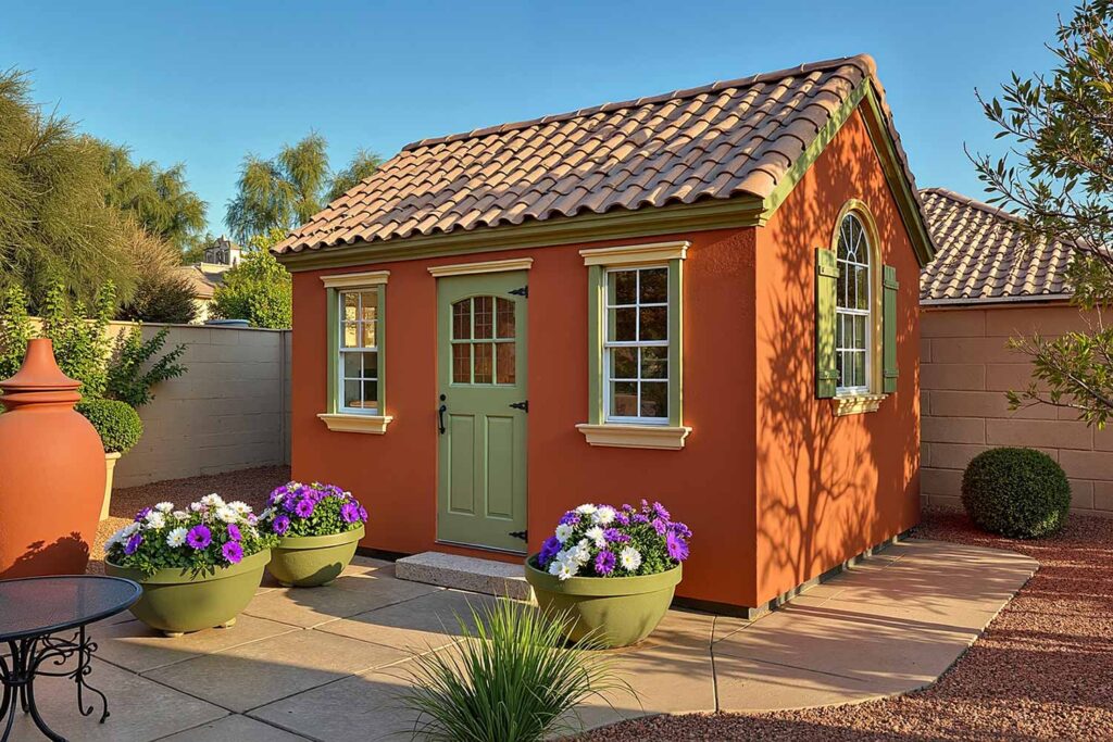 Mediterranean Garden Shed with Terra Cotta Walls Olive Green and White Trim, shed colors, garden shed paint colors, storage shed colors, shed color schemes, backyard shed colors, shed color combinations, shed's color, shed color choice, shed palette, backyard building colors, shed's color palette, shed paint colors, pool machinery shed