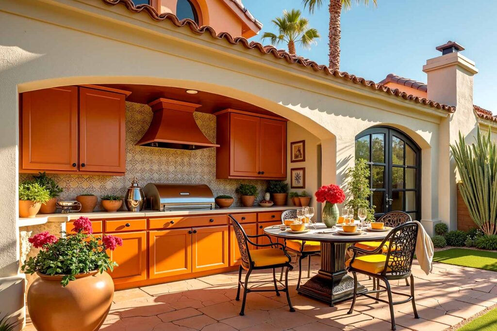 Mediterranean Outdoor Kitchen with Orange Cabinets and Ivory Stucco Walls, contemporary outdoor cabinet designs, two-tone kitchen cabinet exteriors, weather-resistant cabinet paint, outdoor cabinetry finishes, durable patio cabinet coatings, outdoor kitchen cabinet paints, al fresco kitchen cabinet ideas, outdoor cooking space colors, exterior entertainment area cabinetry, outdoor living cabinet designs, open-air kitchen color schemes, garden kitchen cabinet colors, poolside cabinet paint ideas