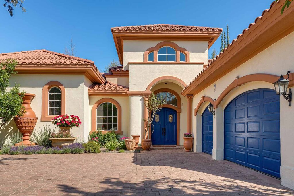 Mediterranean Villa with Warm Cream Walls Terra Cotta Trim and Deep Blue Door, house exterior color ideas, ranch house colors, exterior color ideas, house painting colors, Curb appeal, Color combinations, Accent wall, Trim colors, Door colors, Visual impact, Color palettes, home exterior paint schemes, Outside house color palettes, Facade color inspiration, painter phoenix, painters in phoenix, painting contractor, paint contractor