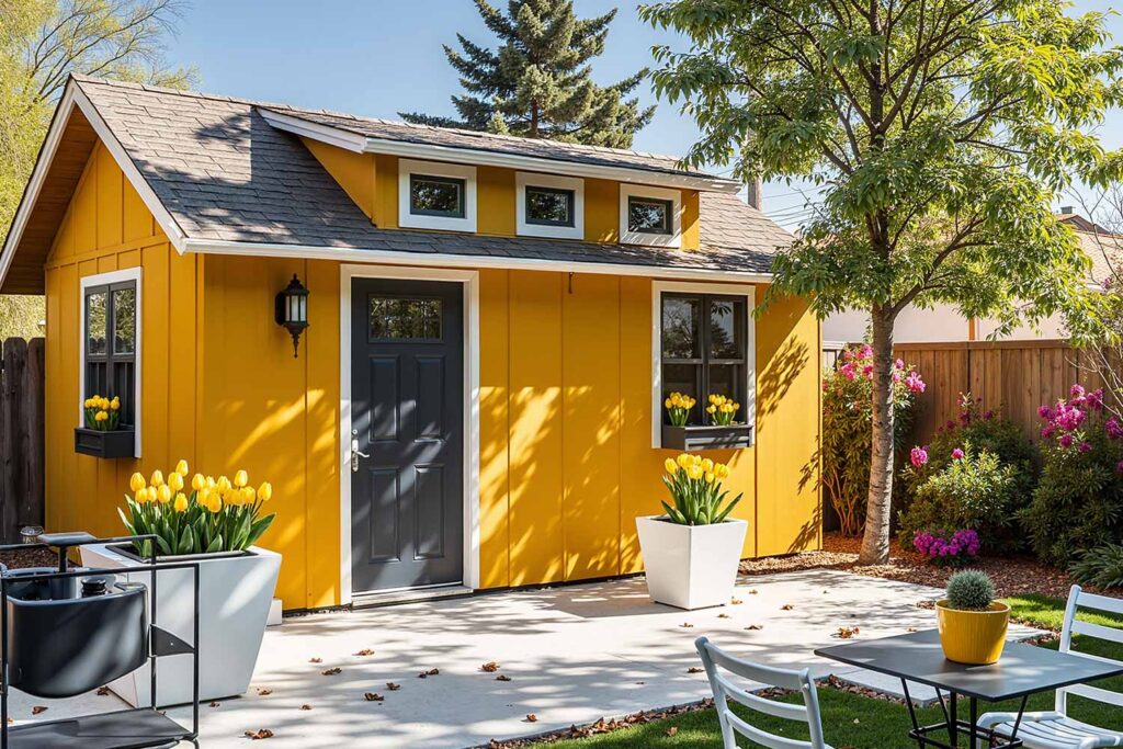 Mid-Century Modern Shed with Mustard Yellow Walls White Trim and Charcoal Door, shed colors, garden shed paint colors, storage shed colors, shed color schemes, backyard shed colors, shed color combinations, shed's color, shed color choice, shed palette, backyard building colors, shed's color palette, shed paint colors, pool machinery shed