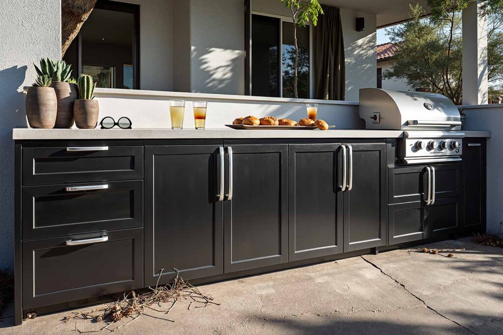 Modern Contemporary Home with Charcoal Black Cabinets White Trim and Gray Walls, contemporary outdoor cabinet designs, two-tone kitchen cabinet exteriors, weather-resistant cabinet paint, outdoor cabinetry finishes, durable patio cabinet coatings, outdoor kitchen cabinet paints, al fresco kitchen cabinet ideas, outdoor cooking space colors, exterior entertainment area cabinetry, outdoor living cabinet designs, open-air kitchen color schemes, garden kitchen cabinet colors, poolside cabinet paint ideas