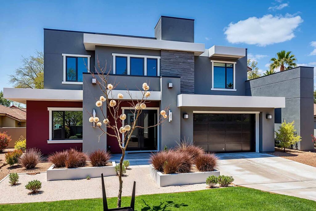 Modern Contemporary House with Charcoal Gray Walls White Trim and High-Gloss Black Door, house exterior color ideas, ranch house colors, exterior color ideas, house painting colors, Curb appeal, Color combinations, Accent wall, Trim colors, Door colors, Visual impact, Color palettes, home exterior paint schemes, Outside house color palettes, Facade color inspiration, painter phoenix, painters in phoenix, painting contractor, paint contractor