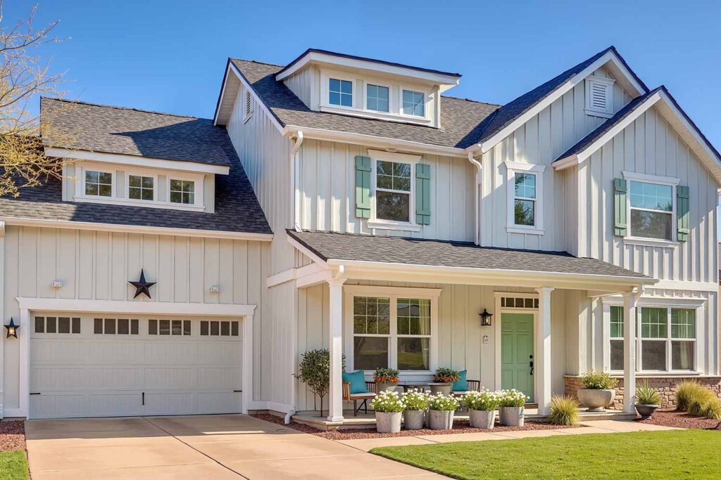 Modern Farmhouse with Light Gray Walls White Trim and Light Sage Green Door, External home color combinations, Residence exterior paint selections, Single-story home palettes, Ranch-style residence colors, Ranch exterior paint selections, One-level house paint ideas, Outdoor color schemes, External paint inspiration, Facade color combinations, house painters, exterior home painter phoenix, exterior house painting phoenix