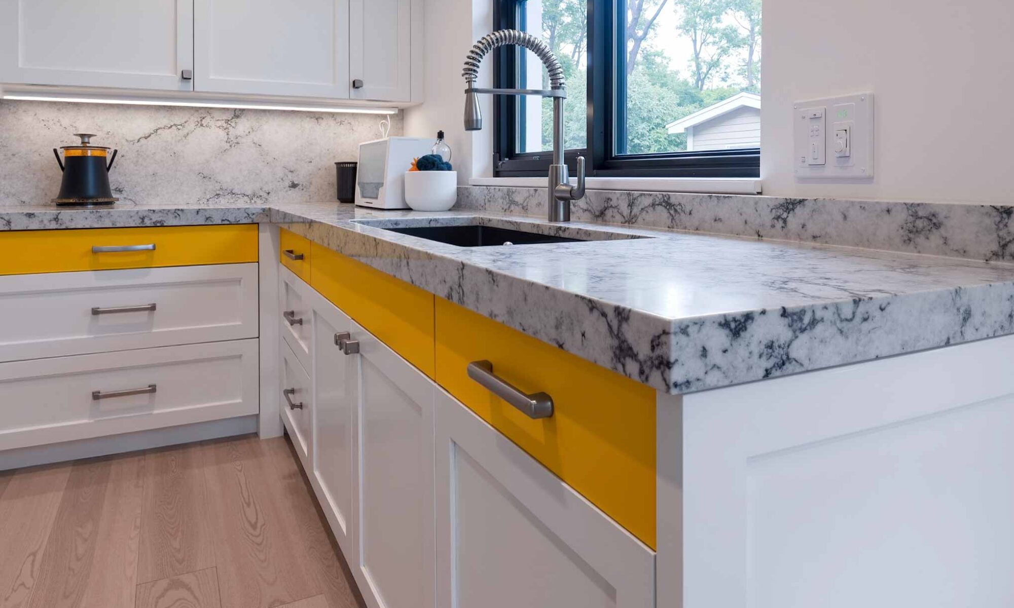 Modern Kitchen Cabinets Painted In White A Row of Golden Yellow Drawers, painting kitchen cabinets, Kitchen Cabinet Painting with Geometric Designs, Stripes, and Special Treatments, Geometric cabinet painting, Striped cabinet designs, Patterned kitchen cabinets, Custom cabinet painting, Decorative cabinet finishes, Graphic cabinet styles, Modern cabinet painting, Designer cabinet artwork, Cabinet surface art, Creative kitchen cabinets, Painted cabinet patterns