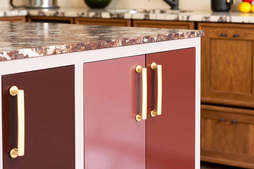 Modern Kitchen Cabinets With Panels In Different Color Matching Countertop, painting kitchen cabinets, Kitchen Cabinet Painting with Geometric Designs, Stripes, and Special Treatments, Geometric cabinet painting, Striped cabinet designs, Patterned kitchen cabinets, Custom cabinet painting, Decorative cabinet finishes, Graphic cabinet styles, Modern cabinet painting, Designer cabinet artwork, Cabinet surface art, Creative kitchen cabinets, Painted cabinet patterns