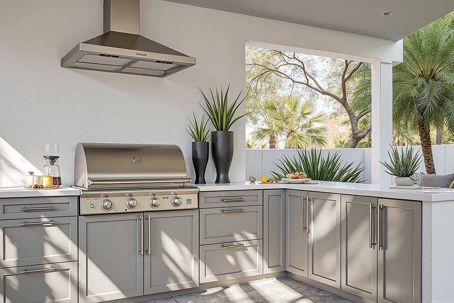 Modern Minimalist Outdoor Kitchen with Warm Gray Cabinets and Cool White Walls, contemporary outdoor cabinet designs, two-tone kitchen cabinet exteriors, weather-resistant cabinet paint, outdoor cabinetry finishes, durable patio cabinet coatings, outdoor kitchen cabinet paints, al fresco kitchen cabinet ideas, outdoor cooking space colors, exterior entertainment area cabinetry, outdoor living cabinet designs, open-air kitchen color schemes, garden kitchen cabinet colors, poolside cabinet paint ideas
