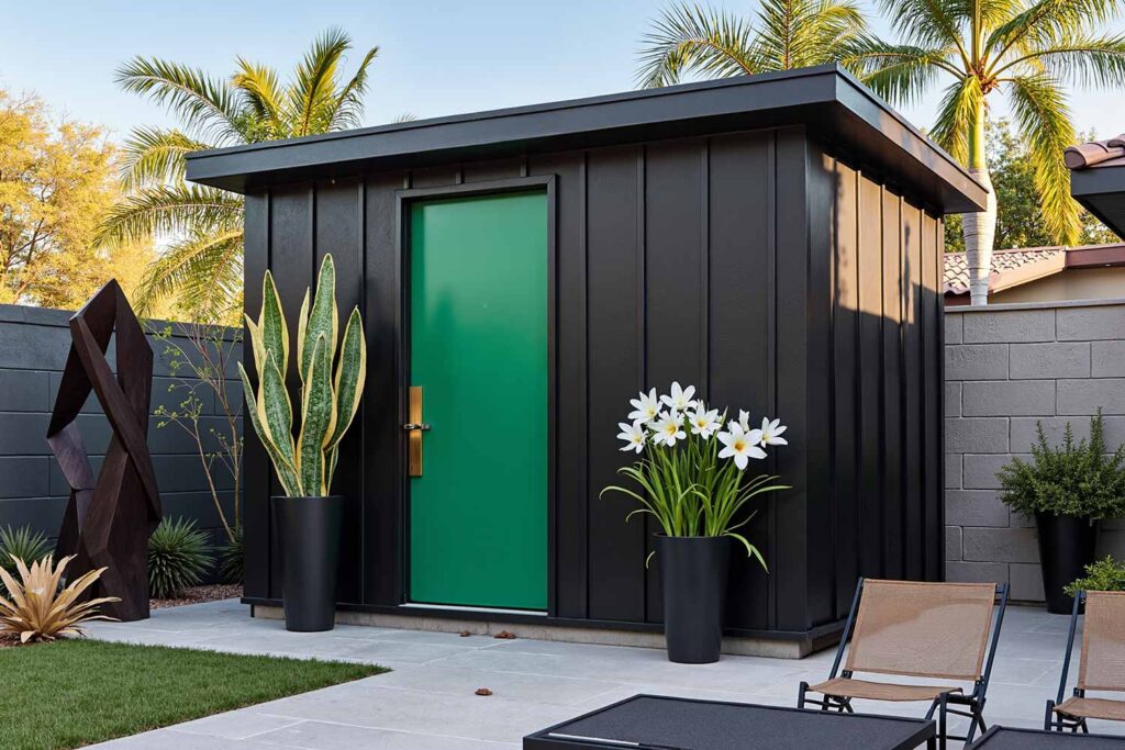 Modern Minimalist Shed with Black Walls Emerald Green Door and Gold Hardware, shed colors, garden shed paint colors, storage shed colors, shed color schemes, backyard shed colors, shed color combinations, shed's color, shed color choice, shed palette, backyard building colors, shed's color palette, shed paint colors, pool machinery shed