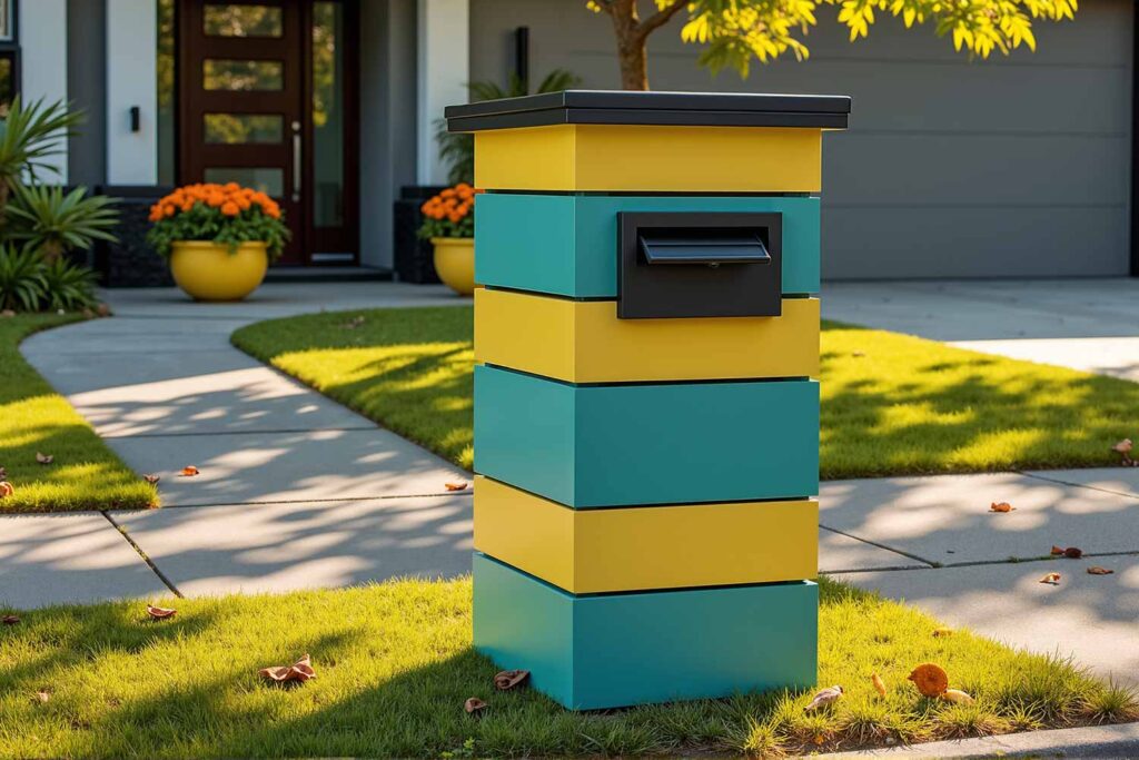 Modern Phoenix Arcadia Mailbox in Teal and Yellow Horizontal Stripes, Mailbox color concepts, Letter box artistic treatments, Postal box painting, Mailbox Designs, Letterbox styles, Mailbox architecture, Mailbox Support Ideas, Letter box stand designs, Mail post structures, Mailbox column designs, Mailbox Curb Appeal, Mailbox Color palettes
