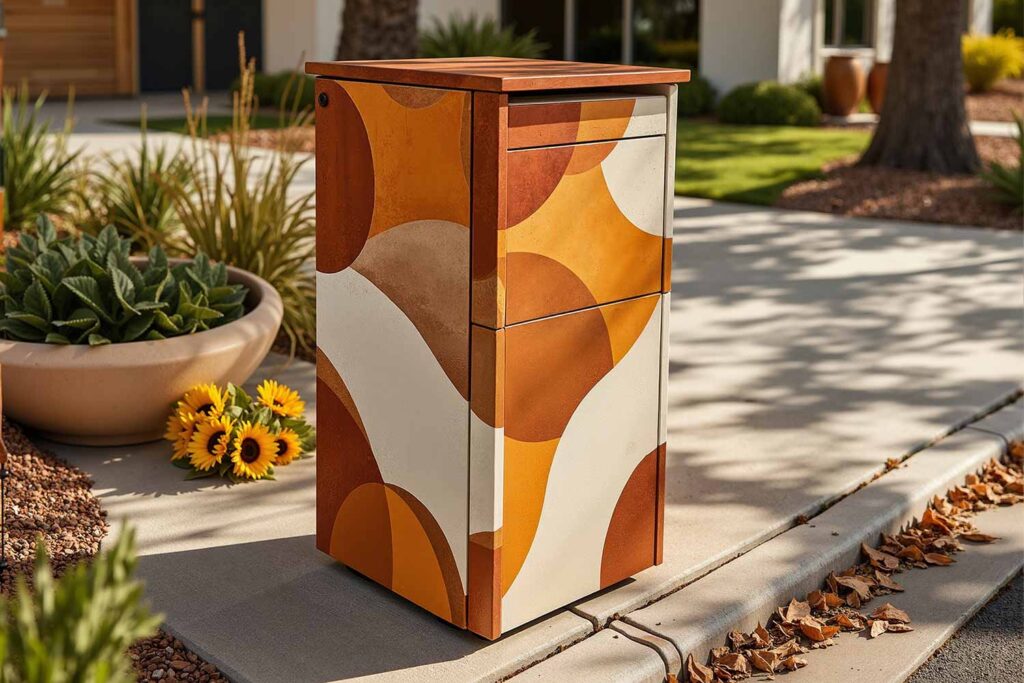 Modern Phoenix Mailbox with Abstract in Terracotta Ochre and Cream, Mailbox color concepts, Letter box artistic treatments, Postal box painting, Mailbox Designs, Letterbox styles, Mailbox architecture, Mailbox Support Ideas, Letter box stand designs, Mail post structures, Mailbox column designs, Mailbox Curb Appeal, Mailbox Color palettes