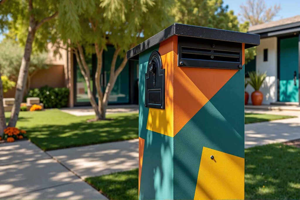 Modern Phoenix Mailbox with Teal Yellow and Orange Abstract, Mailbox color concepts, Letter box artistic treatments, Postal box painting, Mailbox Designs, Letterbox styles, Mailbox architecture, Mailbox Support Ideas, Letter box stand designs, Mail post structures, Mailbox column designs, Mailbox Curb Appeal, Mailbox Color palettes