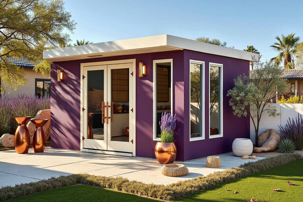 Modern Shed with Aubergine Purple Walls Cream Accents and Copper, shed colors, garden shed paint colors, storage shed colors, shed color schemes, backyard shed colors, shed color combinations, shed's color, shed color choice, shed palette, backyard building colors, shed's color palette, shed paint colors, pool machinery shed