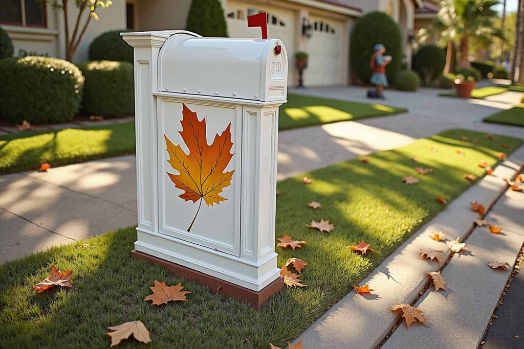 Modern White Mailbox with Seasonal Painted Panels Autumn, Mailbox color concepts, Letter box artistic treatments, Postal box painting, Mailbox Designs, Letterbox styles, Mailbox architecture, Mailbox Support Ideas, Letter box stand designs, Mail post structures, Mailbox column designs, Mailbox Curb Appeal, Mailbox Color palettes