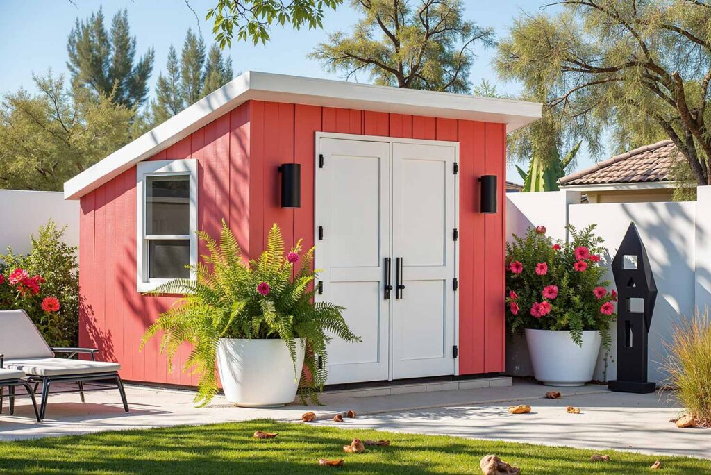 Modernist Garden Shed with Coral Pink Walls White Trim and Black Accents, shed colors, garden shed paint colors, storage shed colors, shed color schemes, backyard shed colors, shed color combinations, shed's color, shed color choice, shed palette, backyard building colors, shed's color palette, shed paint colors, pool machinery shed