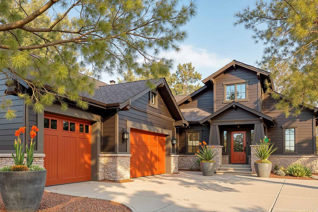 Mountain Modern House with Dark Brown Walls Taupe Trim and Orange-Red Door, External home color combinations, Residence exterior paint selections, Single-story home palettes, Ranch-style residence colors, Ranch exterior paint selections, One-level house paint ideas, Outdoor color schemes, External paint inspiration, Facade color combinations, house painters, exterior home painter phoenix, exterior house painting phoenix