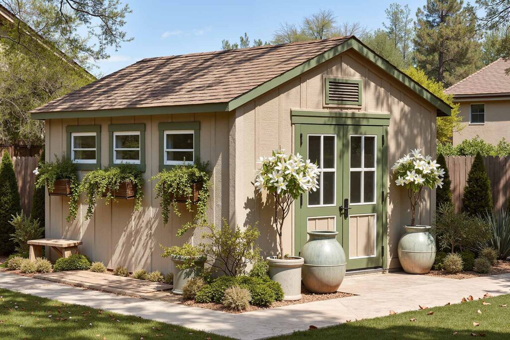 Nature-Inspired Garden Shed with Taupe Walls Moss Green Trim and White Accents, shed colors, garden shed paint colors, storage shed colors, shed color schemes, backyard shed colors, shed color combinations, shed's color, shed color choice, shed palette, backyard building colors, shed's color palette, shed paint colors, pool machinery shed