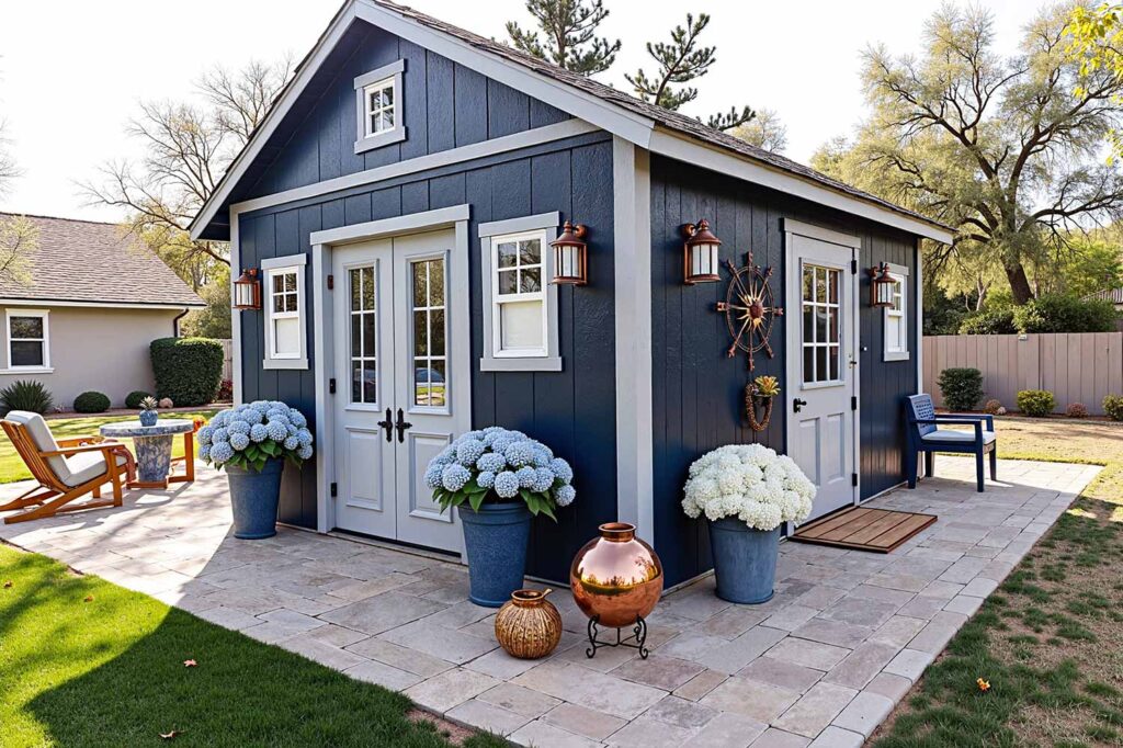 Nautical-Inspired Garden Shed with Deep Navy Walls Soft Gray Trim and Copper Accents, shed colors, garden shed paint colors, storage shed colors, shed color schemes, backyard shed colors, shed color combinations, shed's color, shed color choice, shed palette, backyard building colors, shed's color palette, shed paint colors, pool machinery shed
