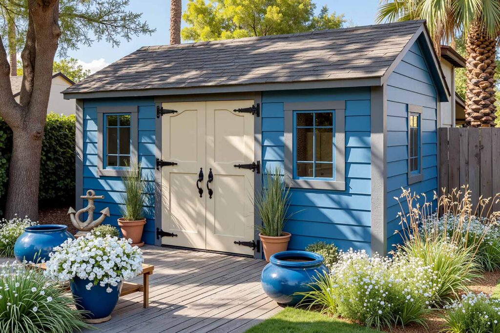 Nautical Shed with Ocean Blue Walls Gray Trim and Sandy Beige Door, shed colors, garden shed paint colors, storage shed colors, shed color schemes, backyard shed colors, shed color combinations, shed's color, shed color choice, shed palette, backyard building colors, shed's color palette, shed paint colors, pool machinery shed