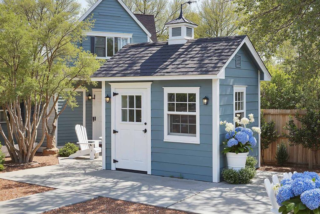New England Coastal Garden Shed with Slate Blue Walls White Trim and Charcoal Roof, shed colors, garden shed paint colors, storage shed colors, shed color schemes, backyard shed colors, shed color combinations, shed's color, shed color choice, shed palette, backyard building colors, shed's color palette, shed paint colors, pool machinery shed