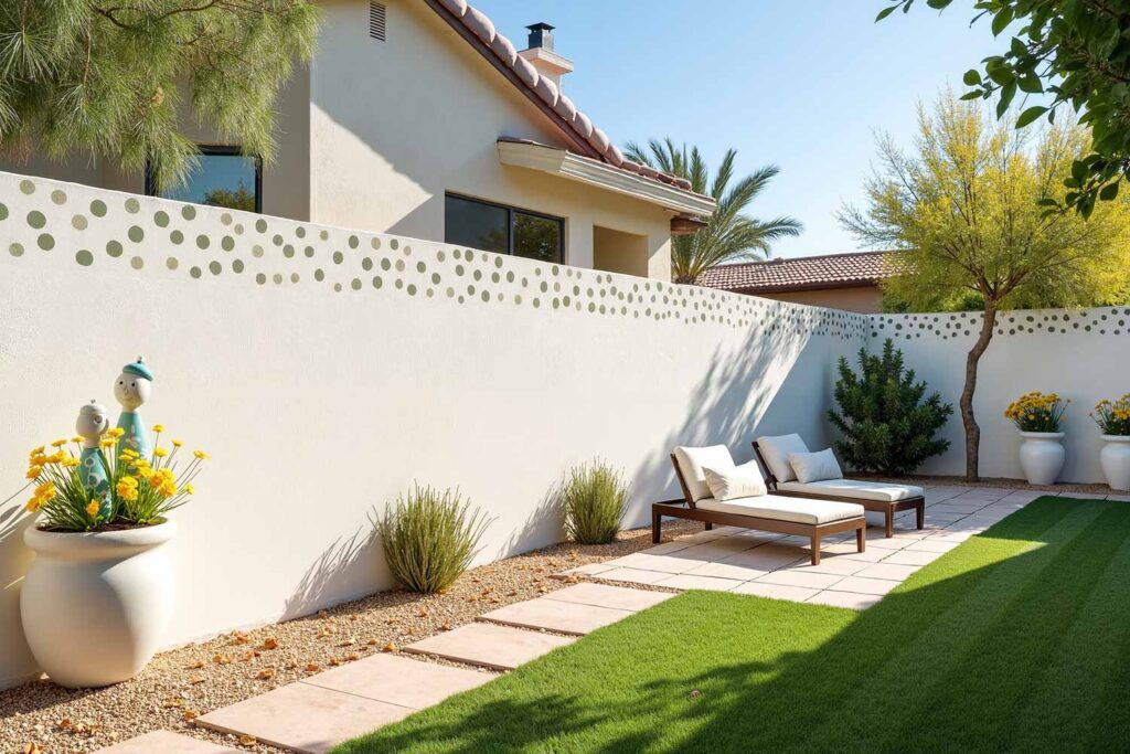 Off-White Backyard Block Wall with Scattered Muted Sage Dots as a Playful Border, backyard wall colors, backyard wall ideas, paint contractor Phoenix, painters in Phoenix, outdoor paint colors, exterior wall paint, garden wall colors, outdoor color schemes, fence color ideas, concepts, designs