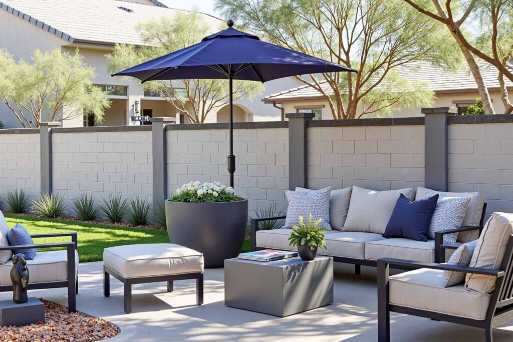 Phoenix Arcadia Backyard Block Wall Painted in Shades of Gray with Blue Umbrella, backyard wall colors, backyard wall ideas, paint contractor Phoenix, painters in Phoenix, outdoor paint colors, exterior wall paint, garden wall colors, outdoor color schemes, fence color ideas, concepts, designs