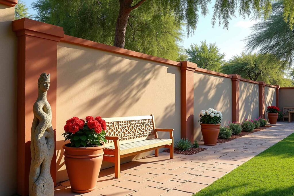 Phoenix Arcadia Backyard Wall Painted in Sandy Beige with Terracotta Pilasters, backyard wall colors, backyard wall ideas, paint contractor Phoenix, painters in Phoenix, outdoor paint colors, exterior wall paint, garden wall colors, outdoor color schemes, fence color ideas, concepts, designs