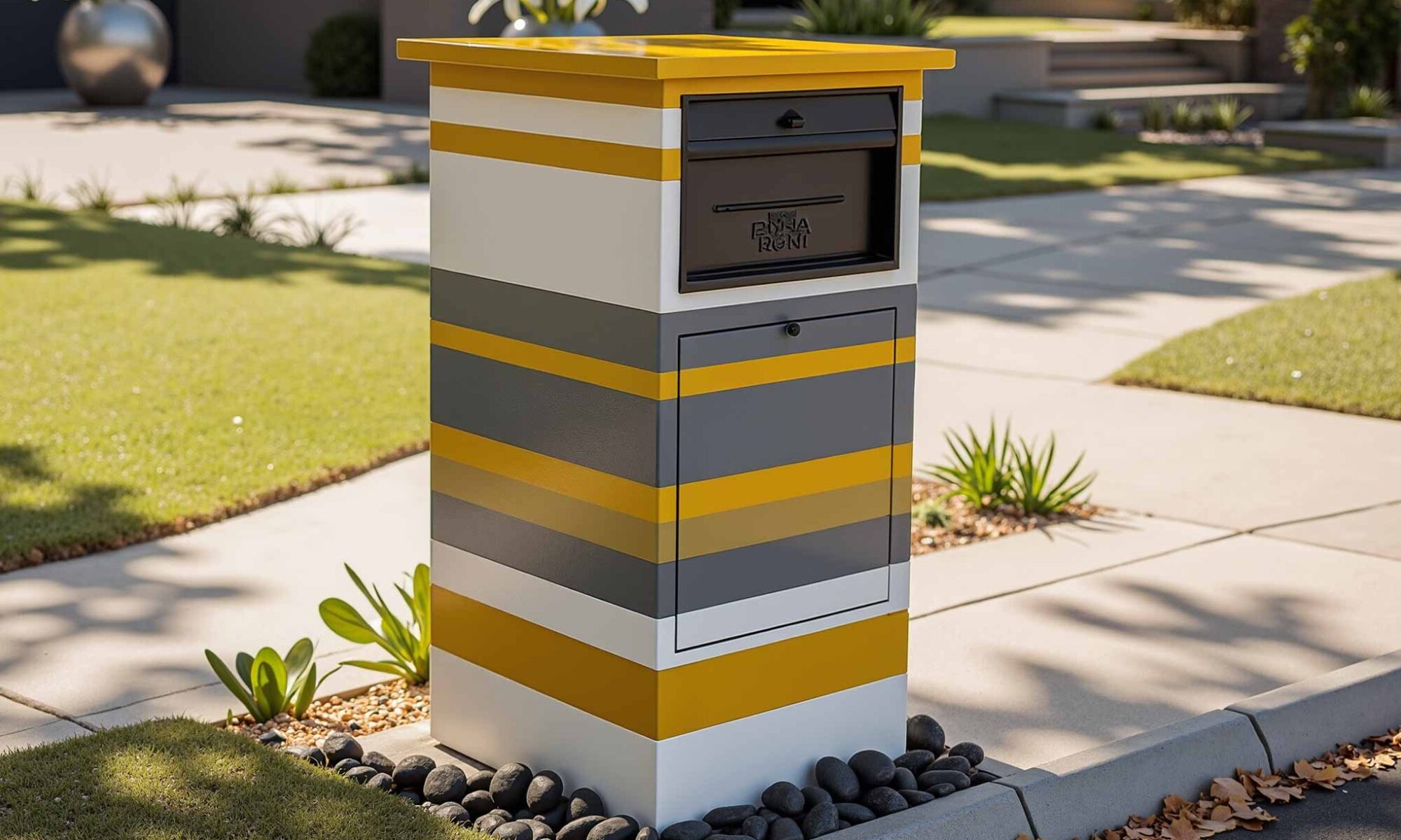 Phoenix Arcadia Mailbox in Charcoal Gray and Mustard Yellow, Mailbox color concepts, Letter box artistic treatments, Postal box painting, Mailbox Designs, Letterbox styles, Mailbox architecture, Mailbox Support Ideas, Letter box stand designs, Mail post structures, Mailbox column designs, Mailbox Curb Appeal, Mailbox Color palettes