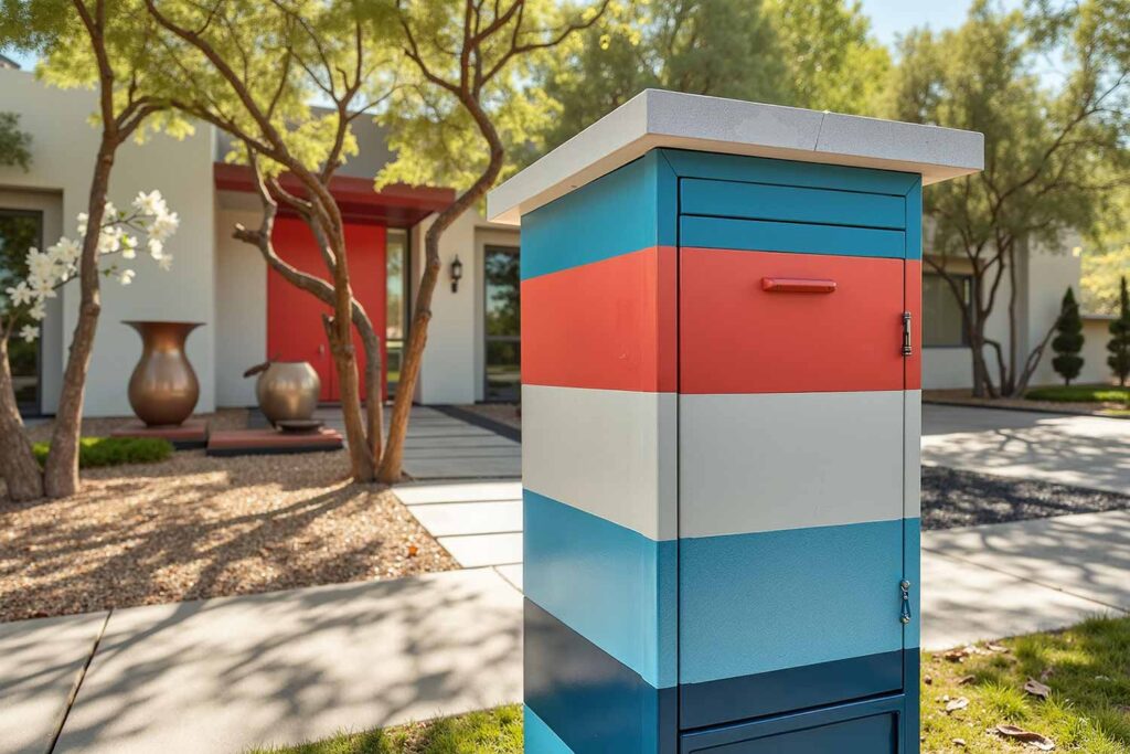 Phoenix Arcadia Mailbox in Electric Blue and Bright Coral, Mailbox color concepts, Letter box artistic treatments, Postal box painting, Mailbox Designs, Letterbox styles, Mailbox architecture, Mailbox Support Ideas, Letter box stand designs, Mail post structures, Mailbox column designs, Mailbox Curb Appeal, Mailbox Color palettes