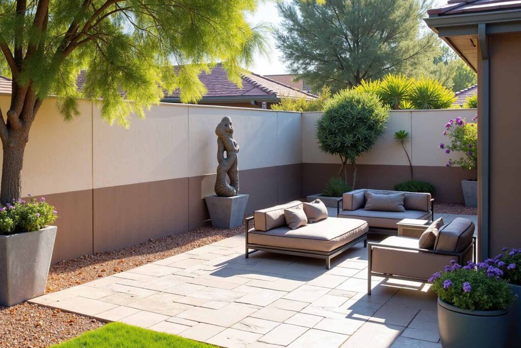 Phoenix Backyard Block Wall in Deep Taupe and Light Taupe Wainscoting Painted Style, painting backyard walls, exterior color ideas, exterior paint palette, backyard design ideas, outdoor living space, exterior wall decoration, garden wall painting, inspiration, exterior painting, backyard wall color ideas, exterior house painter