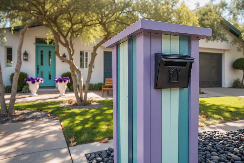 Phoenix Mailbox with Navy Blue Soft Lilac and Pale Mint Color Blocking, Mailbox color concepts, Letter box artistic treatments, Postal box painting, Mailbox Designs, Letterbox styles, Mailbox architecture, Mailbox Support Ideas, Letter box stand designs, Mail post structures, Mailbox column designs, Mailbox Curb Appeal, Mailbox Color palettes