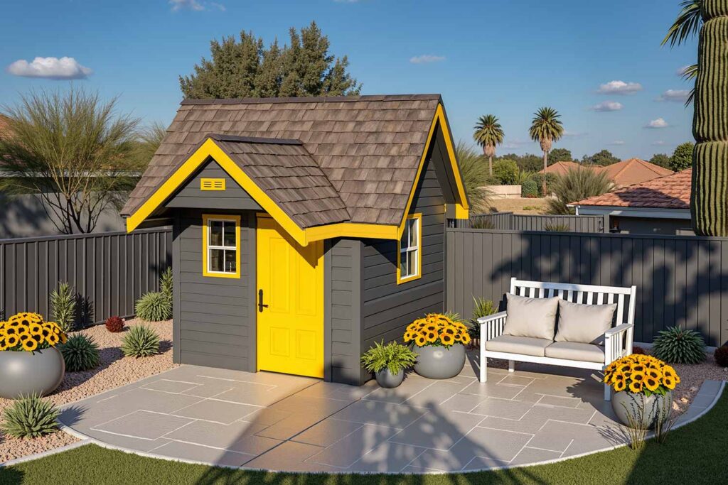 Playful Contemporary Shed with Charcoal Gray Walls Yellow Door and Trim, shed colors, garden shed paint colors, storage shed colors, shed color schemes, backyard shed colors, shed color combinations, shed's color, shed color choice, shed palette, backyard building colors, shed's color palette, shed paint colors, pool machinery shed