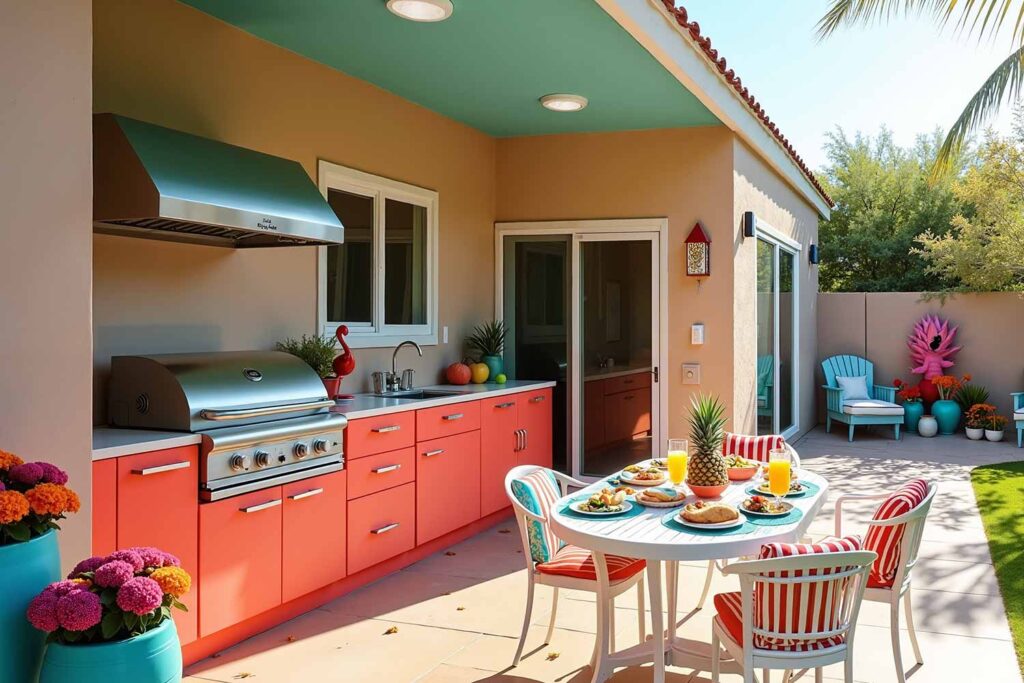 Playful Outdoor Kitchen with Coral Cabinets White Trim and Aqua Blue Ceiling, contemporary outdoor cabinet designs, two-tone kitchen cabinet exteriors, weather-resistant cabinet paint, outdoor cabinetry finishes, durable patio cabinet coatings, outdoor kitchen cabinet paints, al fresco kitchen cabinet ideas, outdoor cooking space colors, exterior entertainment area cabinetry, outdoor living cabinet designs, open-air kitchen color schemes, garden kitchen cabinet colors, poolside cabinet paint ideas