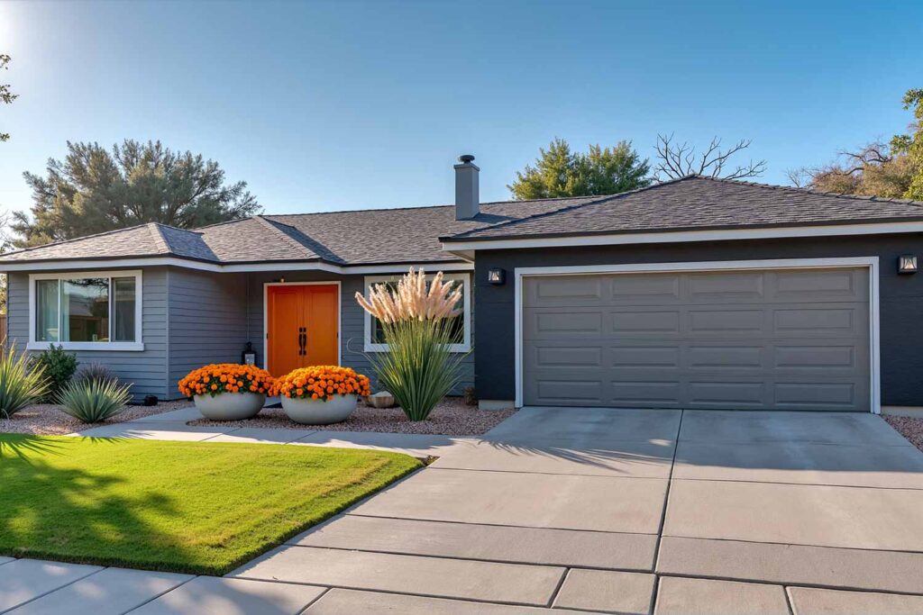 Ranch House with Gray Walls White Trim Bright Orange Front Door and Black Accent Wall, External home color combinations, Residence exterior paint selections, Single-story home palettes, Ranch-style residence colors, Ranch exterior paint selections, One-level house paint ideas, Outdoor color schemes, External paint inspiration, Facade color combinations, house painters, exterior home painter phoenix, exterior house painting phoenix