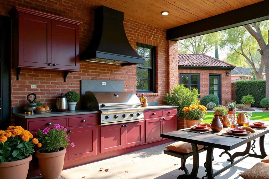 Red Brick Patio Kitchen with Deep Burgundy Cabinets Black Trim and Wood Ceiling, contemporary outdoor cabinet designs, two-tone kitchen cabinet exteriors, weather-resistant cabinet paint, outdoor cabinetry finishes, durable patio cabinet coatings, outdoor kitchen cabinet paints, al fresco kitchen cabinet ideas, outdoor cooking space colors, exterior entertainment area cabinetry, outdoor living cabinet designs, open-air kitchen color schemes, garden kitchen cabinet colors, poolside cabinet paint ideas