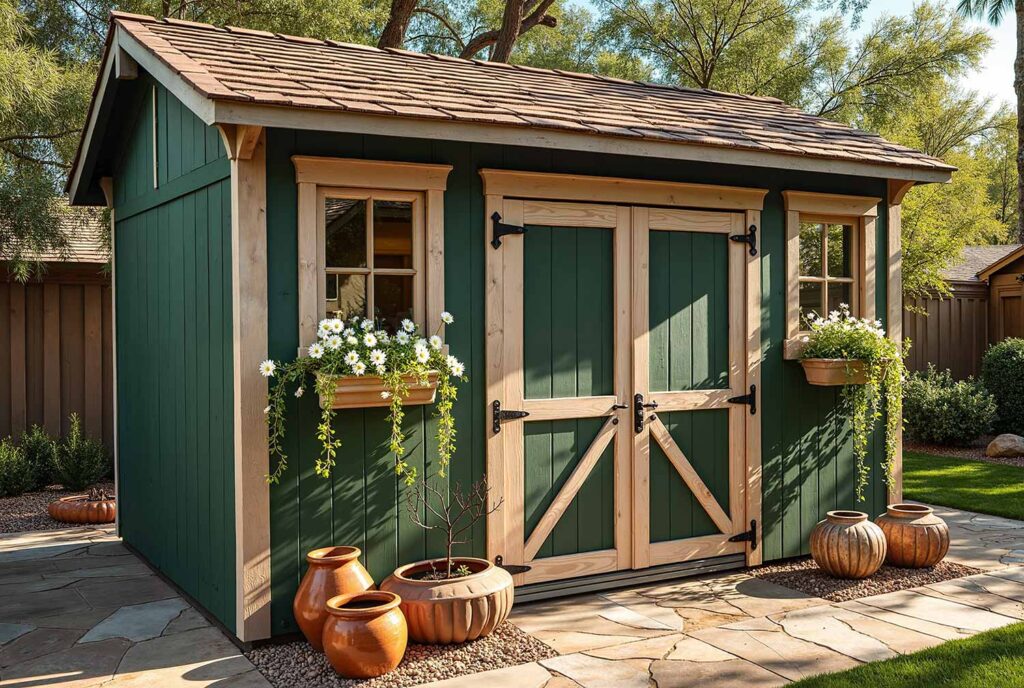 Rustic Cottage Shed with Forest Green Walls Mushroom Trim and Natural Wood Accents, shed colors, garden shed paint colors, storage shed colors, shed color schemes, backyard shed colors, shed color combinations, shed's color, shed color choice, shed palette, backyard building colors, shed's color palette, shed paint colors, pool machinery shed