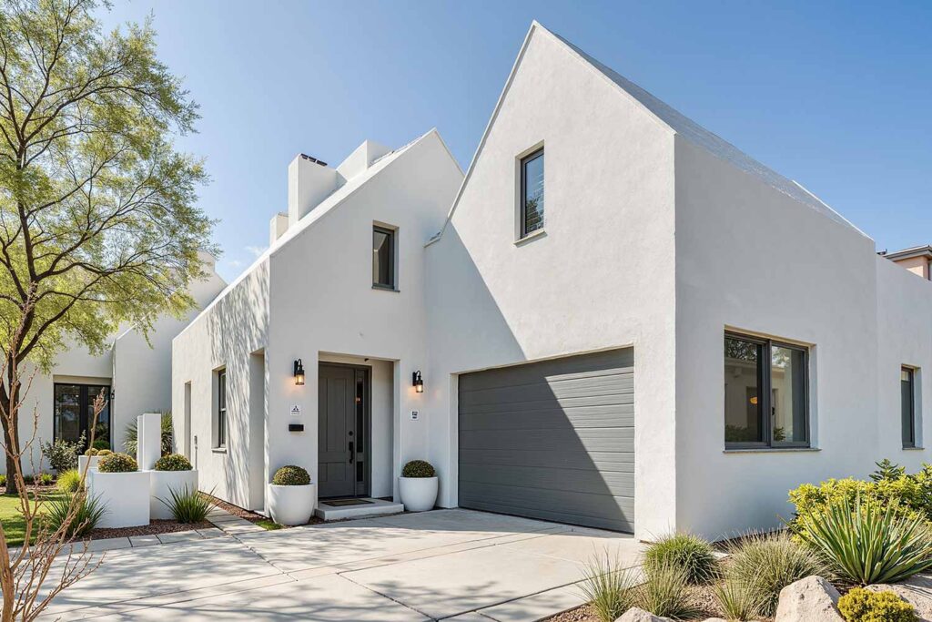 Scandinavian Minimalist House with Bright White Walls Light Gray Trim and Charcoal Front Door, External home color combinations, Residence exterior paint selections, Single-story home palettes, Ranch-style residence colors, Ranch exterior paint selections, One-level house paint ideas, Outdoor color schemes, External paint inspiration, Facade color combinations, house painters, exterior home painter phoenix, exterior house painting phoenix