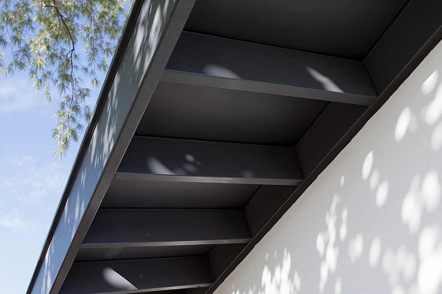 Scottsdale House With Bright White Walls and Matte Black Fascia and Eaves, soffit and fascia color schemes, trending eave paint colors, contemporary eave color choices, modern eaves color schemes, house painting exterior