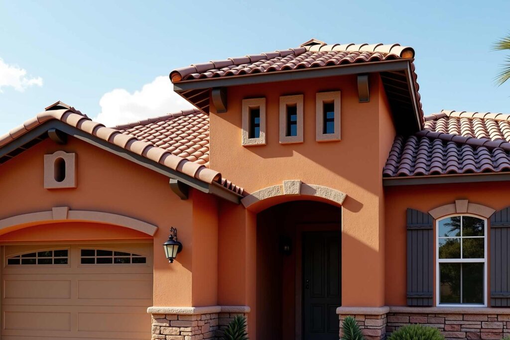 Scottsdale House With Terracotta Walls And Dark Brown Trim with Tan Accents, eaves renovation, best soffit and fascia color combinations, popular eaves colors for modern homes, soffit and fascia paint pairings, coordinating eave component colors, house painters