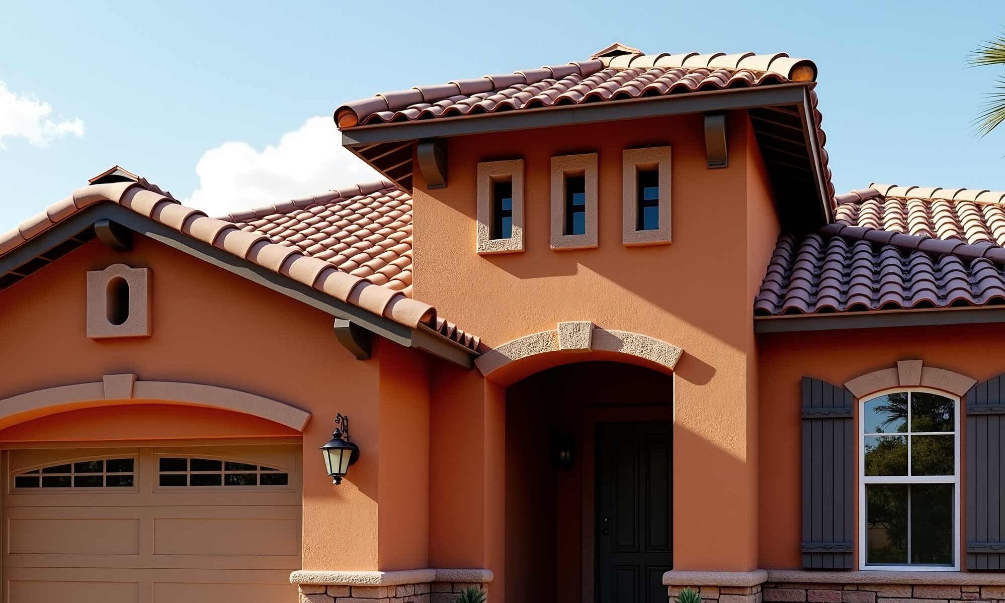 Scottsdale House With Terracotta Walls And Dark Brown Trim with Tan Accents, eaves renovation, best soffit and fascia color combinations, popular eaves colors for modern homes, soffit and fascia paint pairings, coordinating eave component colors, house painters