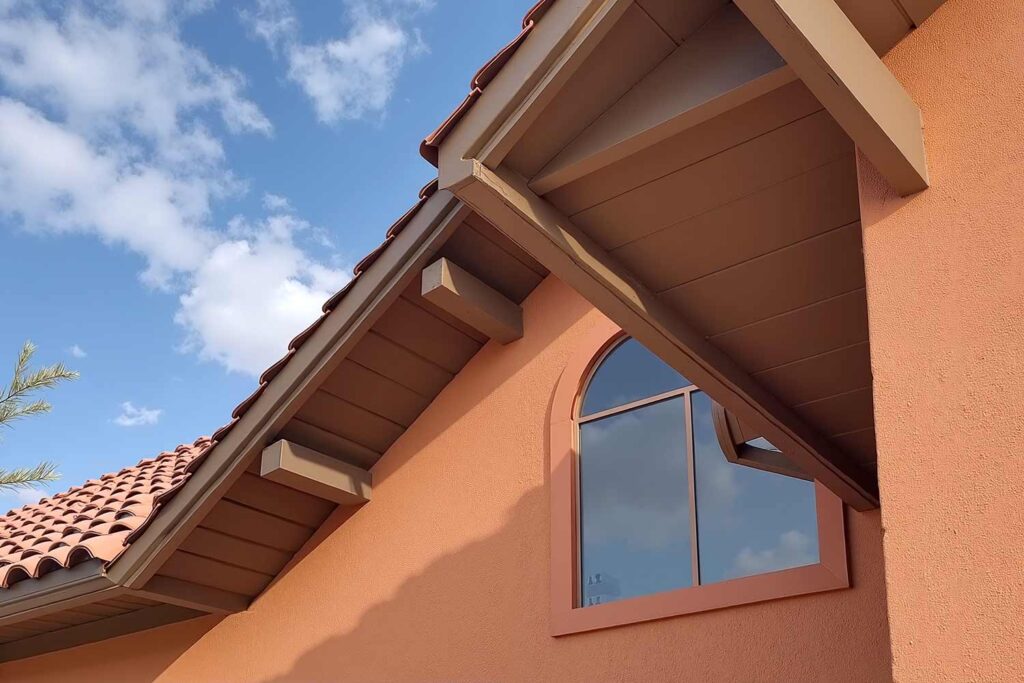 Scottsdale House With Terracotta Walls and Dark Brown Fascia and Eaves, eaves renovation, best soffit and fascia color combinations, popular eaves colors for modern homes, soffit and fascia paint pairings, coordinating eave component colors, house painters