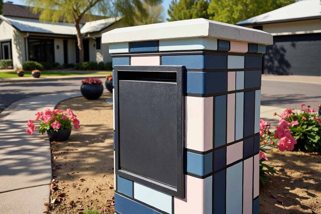 Scottsdale Mailbox in Navy Blue Pink and White Color Blocks, Mailbox Color coordination, Mailbox Color pairings, Local conversation piece, Neighborhood highlight, Creative ideas to dress up a mailbox structure
