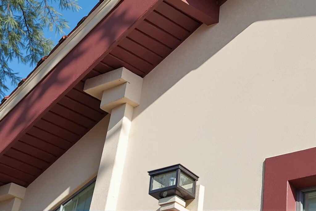 Scottsdale Mediterranean House with Cream Walls and Burgundy Fascia Eaves, eaves renovation, best soffit and fascia color combinations, popular eaves colors for modern homes, soffit and fascia paint pairings, coordinating eave component colors, house painters