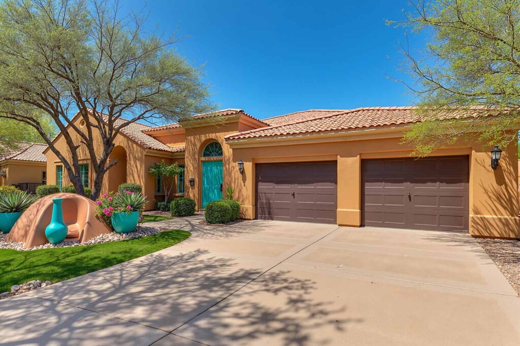 Southwestern Desert Oasis House with Terracotta Walls Sand Beige Trim and Turquoise Door, External home color combinations, Residence exterior paint selections, Single-story home palettes, Ranch-style residence colors, Ranch exterior paint selections, One-level house paint ideas, Outdoor color schemes, External paint inspiration, Facade color combinations, house painters, exterior home painter phoenix, exterior house painting phoenix