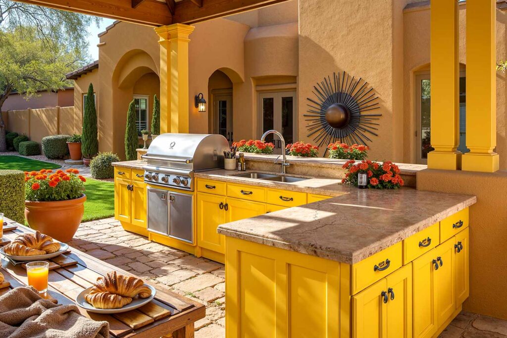 Southwestern Outdoor Kitchen with Golden Yellow Cabinets and Warm Tan Walls, deck kitchen cabinet finishes, how to choose outdoor kitchen cabinet colors, coordinating patio cabinet colors with house exterior, best paint for outdoor kitchen cabinets, weatherproof cabinet color ideas, matching trim colors with outdoor cabinets, exterior cabinet and ceiling color combinations, durable paint for outdoor cabinetry, personality-expressing patio cabinet colors