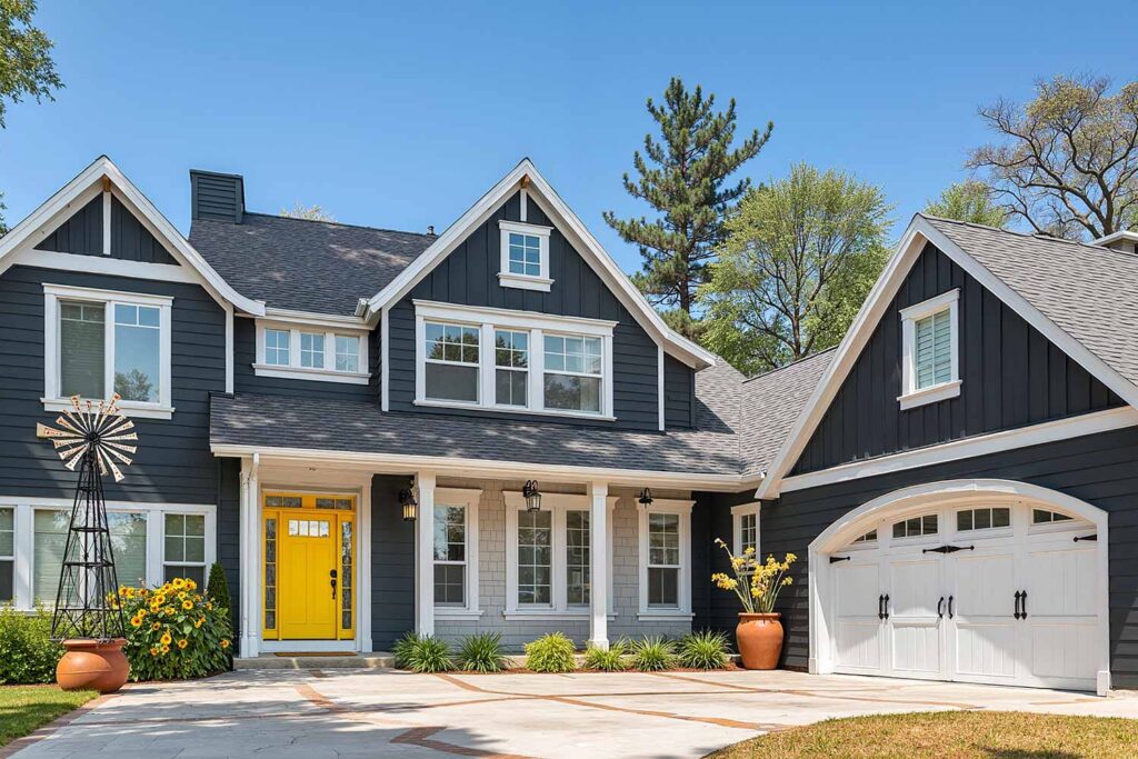 Striking Modern Farmhouse with Charcoal Walls White Trim and Sunshine Yellow Front Door, Outside paint options, Exterior design palettes, Outdoor home color concepts, External wall color selections, home exterior paint hues, Residence color selections, Property painting shades, home paint color choices, Architectural paint palettes, painters in Scottsdale, Phoenix home painter, Phoenix house painter