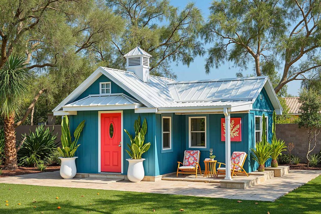 Tropical Modern Shed with Teal Blue Walls Coral Door and White Trim, shed colors, garden shed paint colors, storage shed colors, shed color schemes, backyard shed colors, shed color combinations, shed's color, shed color choice, shed palette, backyard building colors, shed's color palette, shed paint colors, pool machinery shed