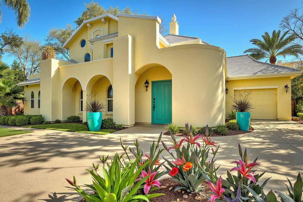 Tropical Paradise House with Pale Yellow Walls White Trim and Bright Aqua Door, Outside paint options, Exterior design palettes, Outdoor home color concepts, External wall color selections, home exterior paint hues, Residence color selections, Property painting shades, home paint color choices, Architectural paint palettes, painters in Scottsdale, Phoenix home painter, Phoenix house painter