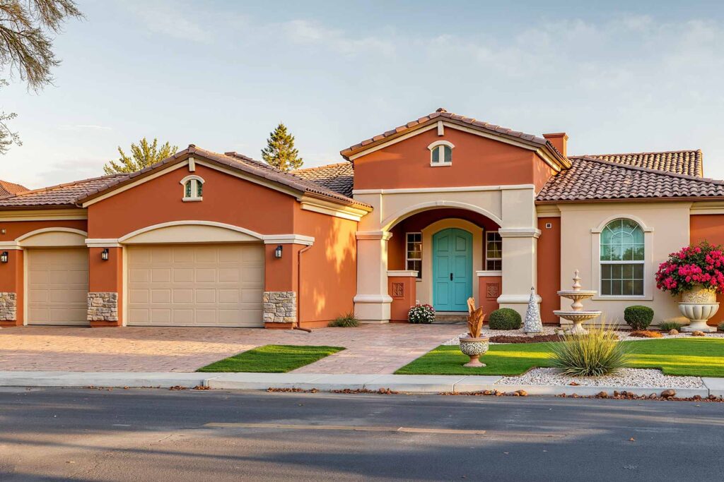 Vibrant Mediterranean Revival Home with Terracotta Walls Cream Trim and Teal Front Door, Outside paint options, Exterior design palettes, Outdoor home color concepts, External wall color selections, home exterior paint hues, Residence color selections, Property painting shades, home paint color choices, Architectural paint palettes, painters in Scottsdale, Phoenix home painter, Phoenix house painter